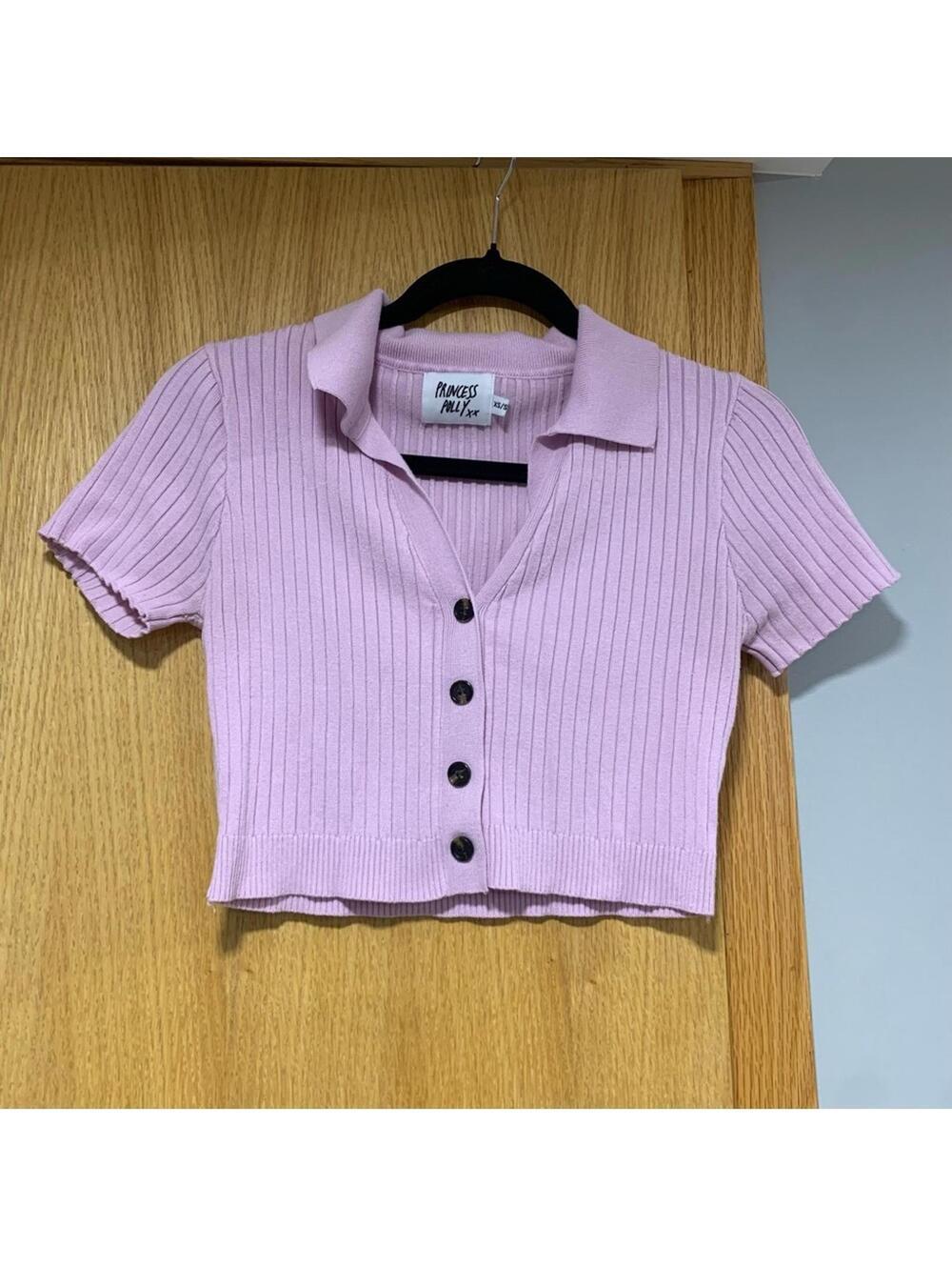 Princess Polly Pink Collared Cropped Ribbed Button Up Shirt - Size XS / S